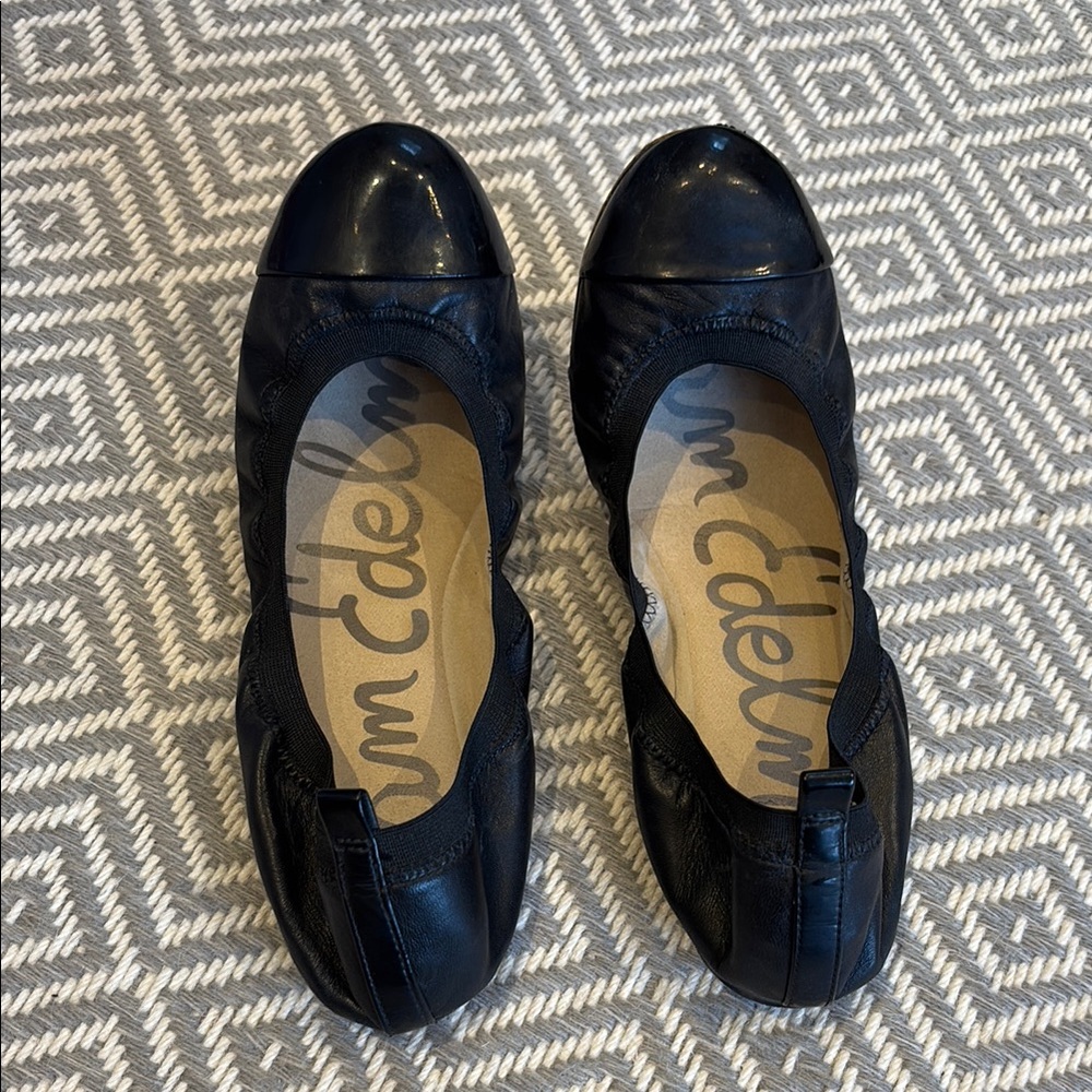 Sam Edelman Black Leather Cap-Toe Ballet Flats with Elastic Topline